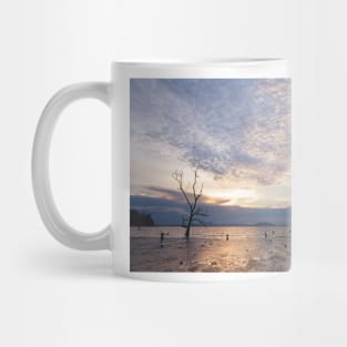 Dead tree in muddy beach at twilight low tide Mug